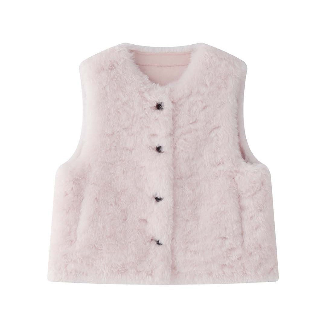 Women's Fluffy Teddy Vest with Button Closure and Round Neckline Chichicherry