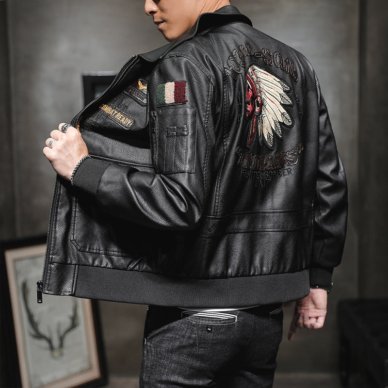 Men's bomber jacket in pilot look made of faux leather with applied patches and multifunctional pockets Chichicherry