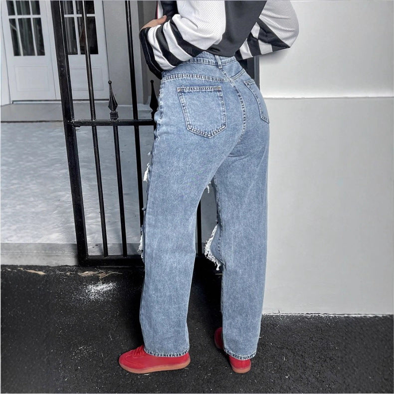 Womens High-Waisted Destroyed Baggy Jeans with Wide Leg and Knee Rips Chichicherry