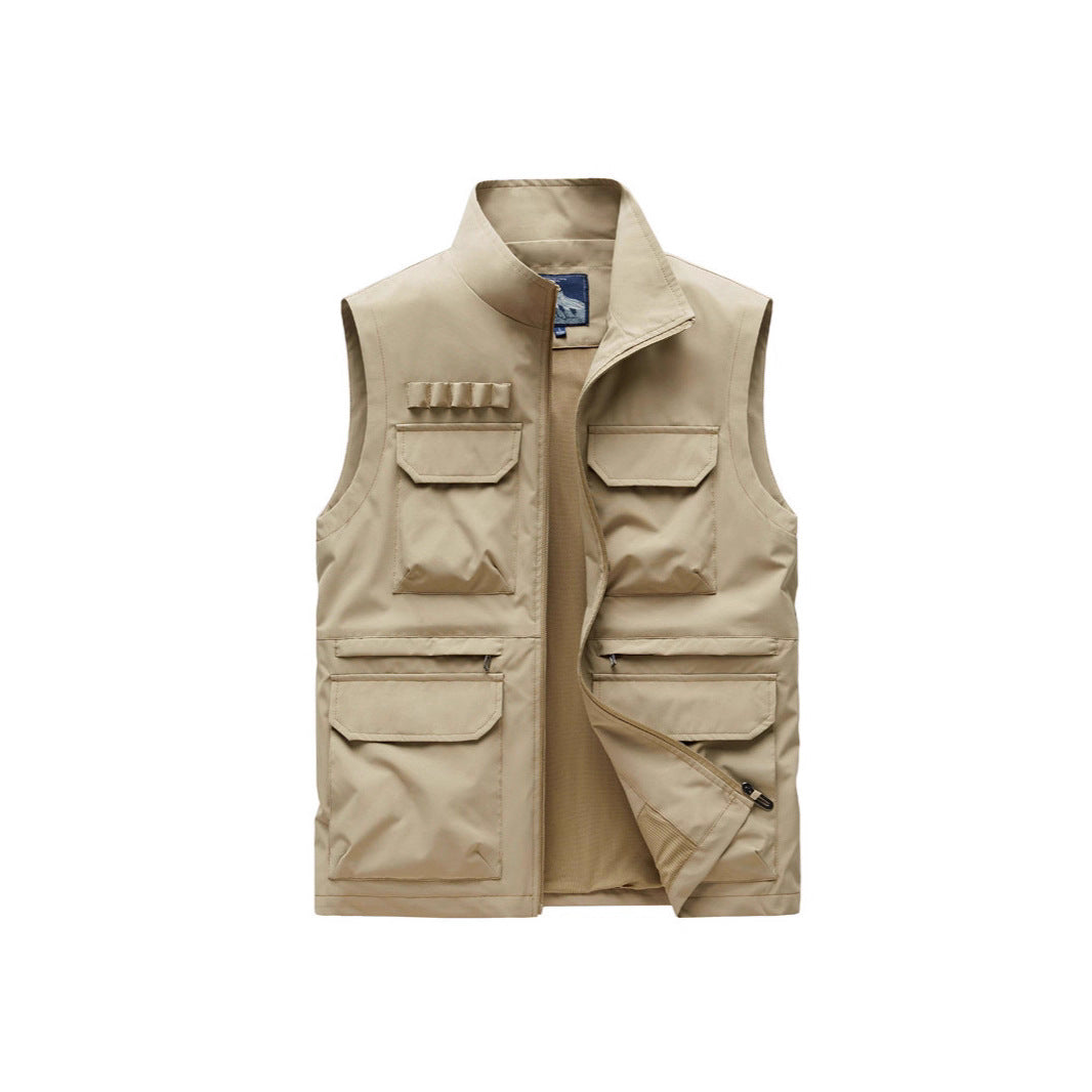 Men's Outdoor Utility Vest with eight multifunctional pockets, durable cotton blend, and wind protection collar Chichicherry
