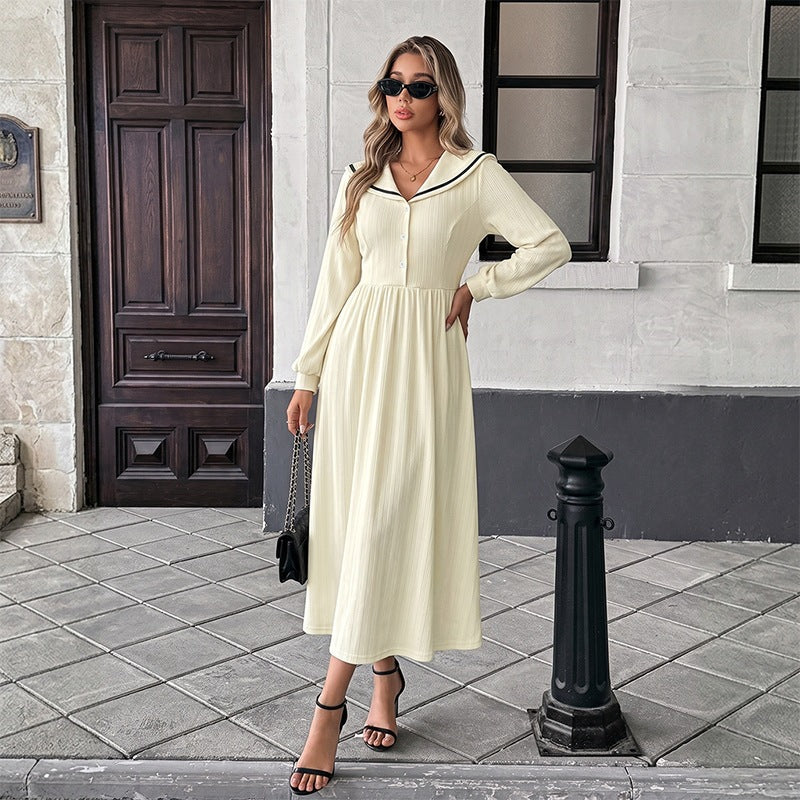 Women's maxi dress with sailor collar, fine ribbed knit and tailored silhouette Chichicherry