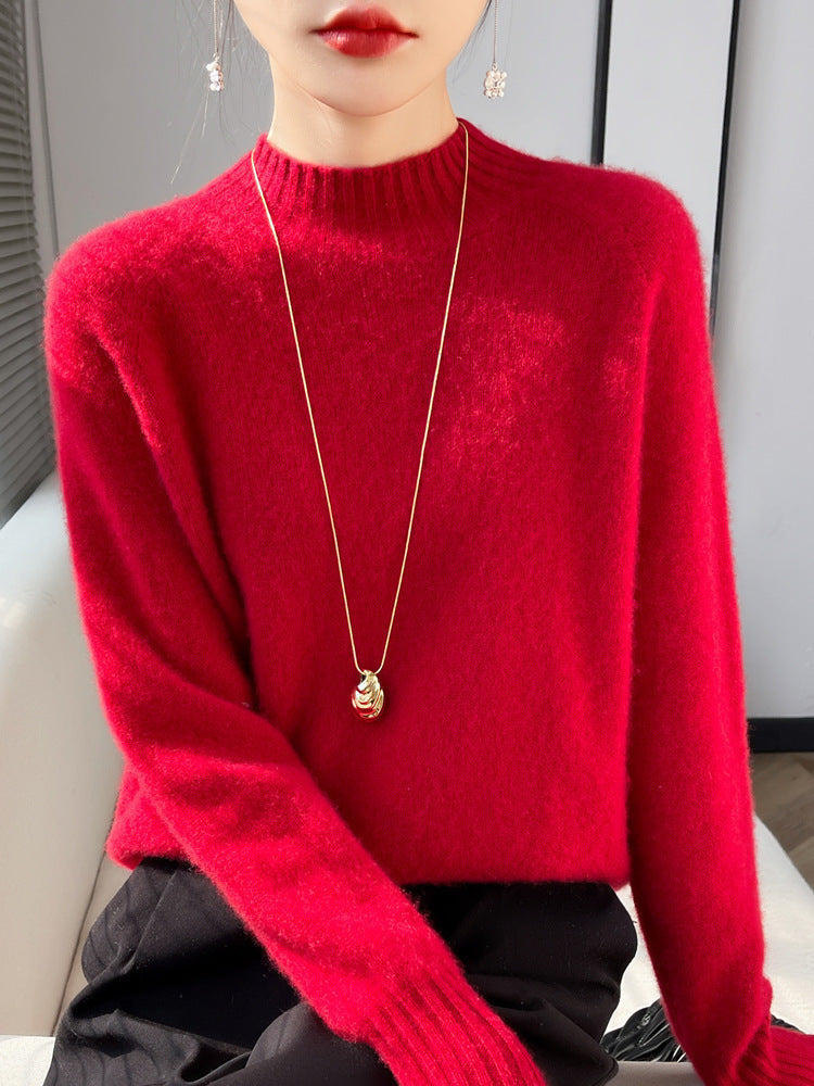 Women's short mock neck pullover made of fluffy mohair blend with boxy silhouette Chichicherry