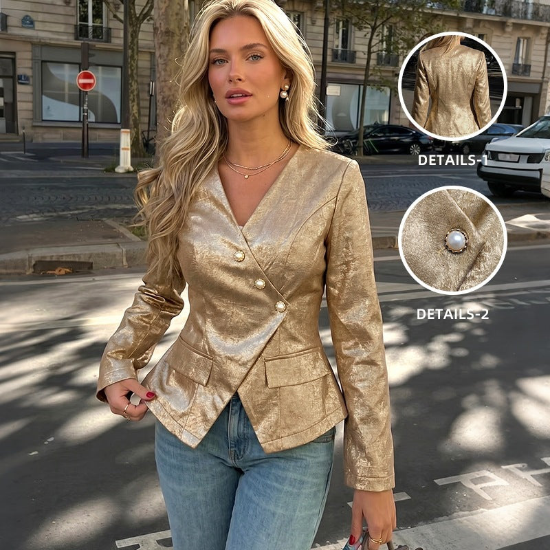 Women's Tailored Blazer with Shimmering Jacquard Texture and Decorative Pearl Buttons Chichicherry