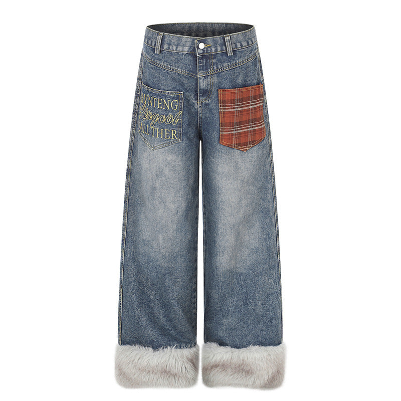 Women wide high-cut denim palazzo pants with check patch pocket and faux fur trim at hem Chichicherry