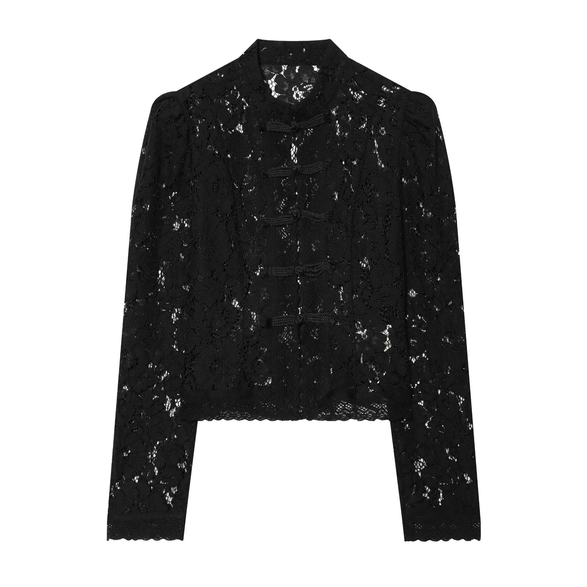 Women's transparent lace jacket in Chinese style with stand-up collar and knot closures Chichicherry