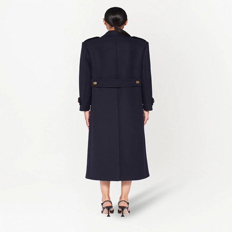 Women Double-breasted military-inspired Maxi Wool Coat with Epaulets and Decorative Straps Chichicherry