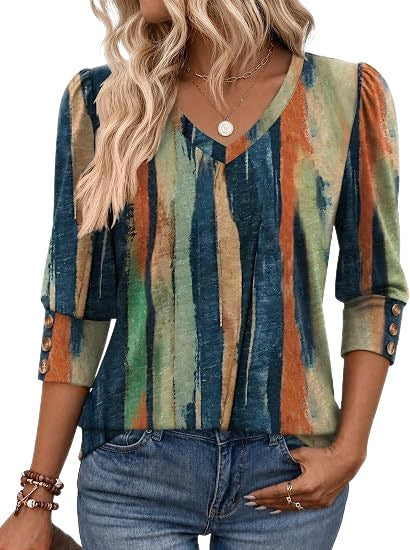 Women Leopard Print V-Neck Blouse with 3/4 Sleeves and Gathered Front Part