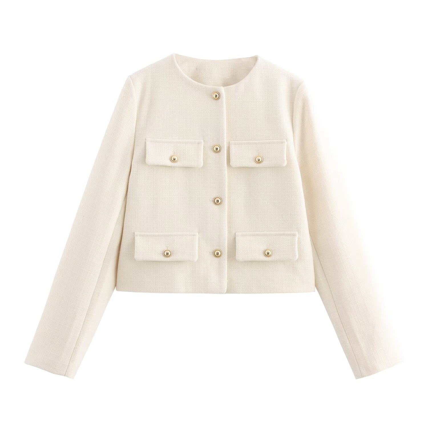 Women Short Boucle Blazer Jacket with Round Neck, Decorative Pocket Flaps, and Gold-Colored Buttons Chichicherry