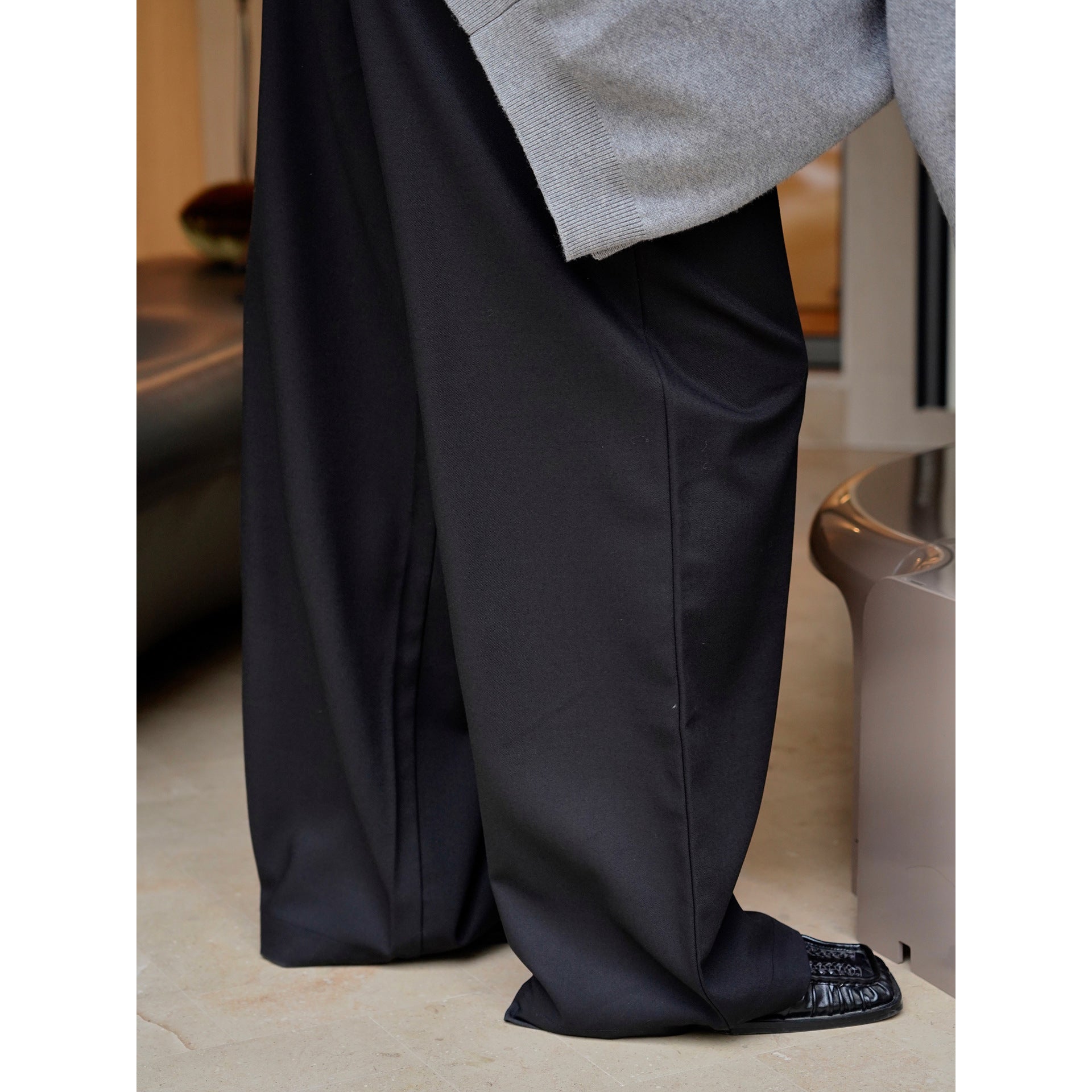 Women's High-Waisted Palazzo Suit Pants with Front Crease and Deep Crotch Chichicherry