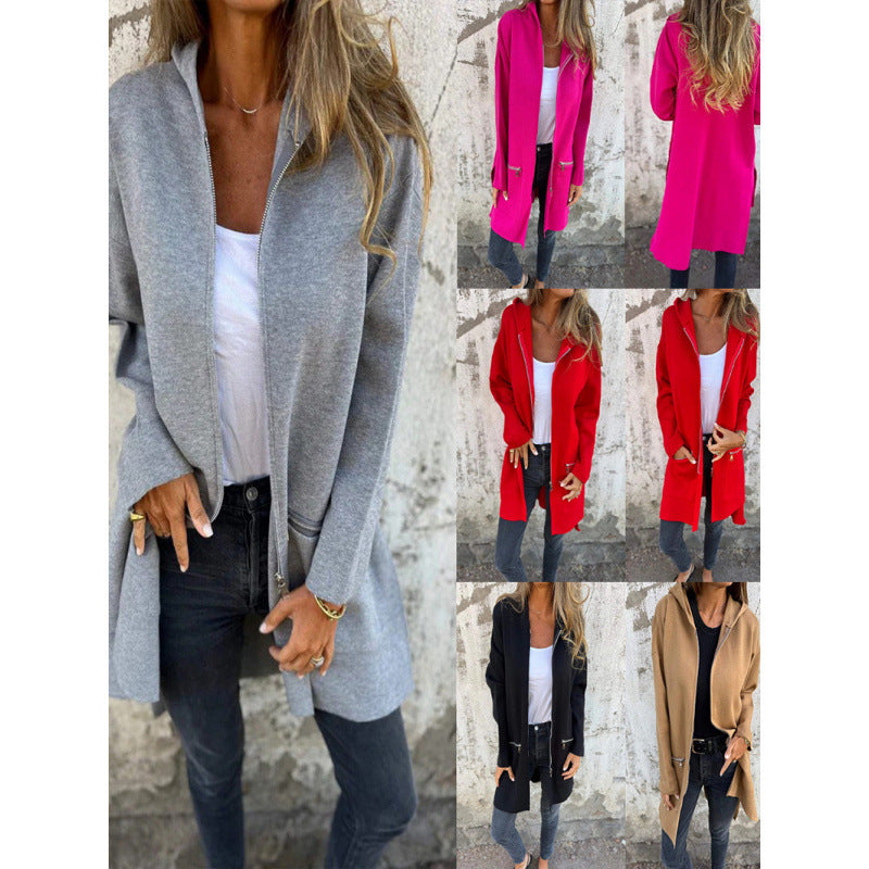 Women's Mid-Length Coat with Full Zipper and Zipper Pocket Details Chichicherry