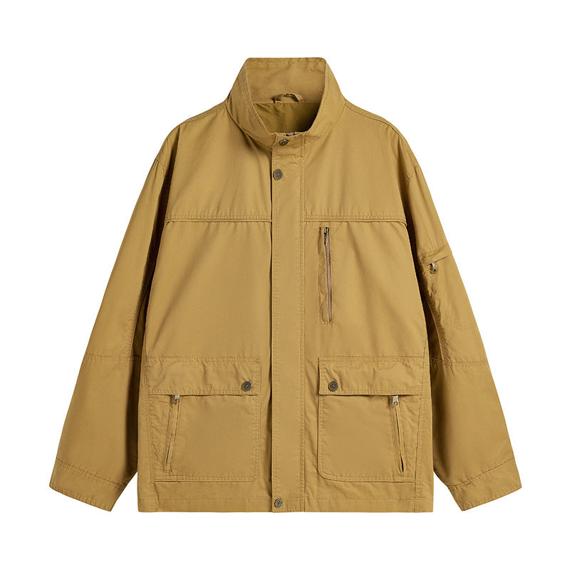 Men's Lightweight Utility Field Jacket with Stand Collar and Multiple Pockets Chichicherry