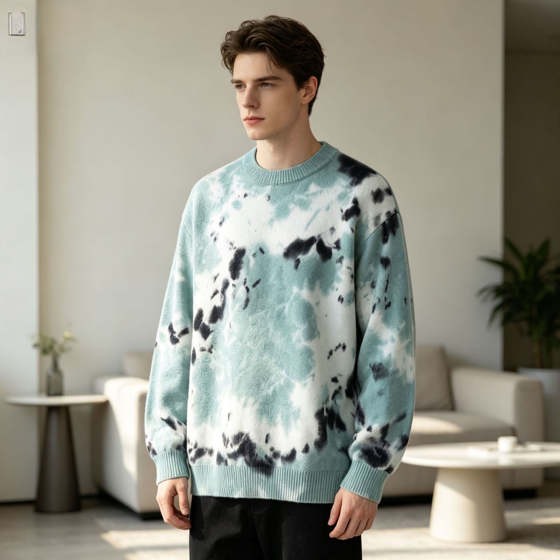 Herren Oversized Batik-Pullover mit Rundhalsausschnitt und Rippbündchen Chichicherry
