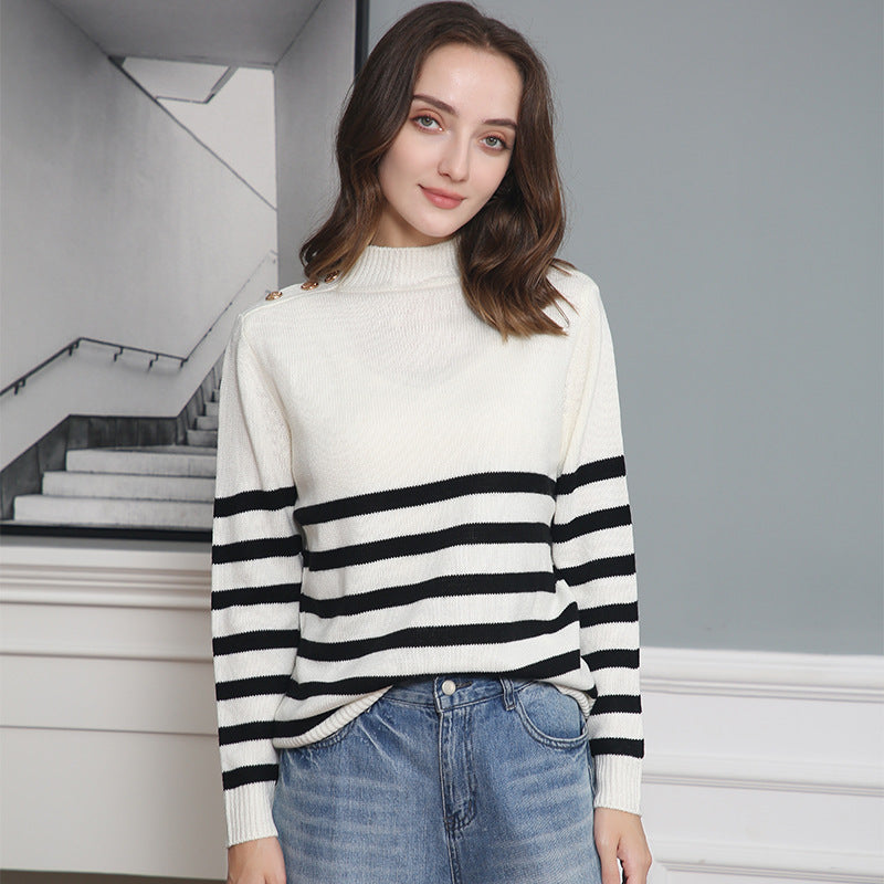 Women's Striped Turtleneck Sweater with Decorative Shoulder Buttons and Ribbed Cuffs Chichicherry