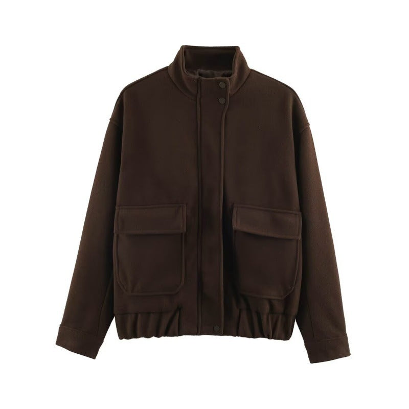 Women's Boxy Wool Blouson with Stand-up Collar, Large Flap Pockets and Elastic Hem Chichicherry