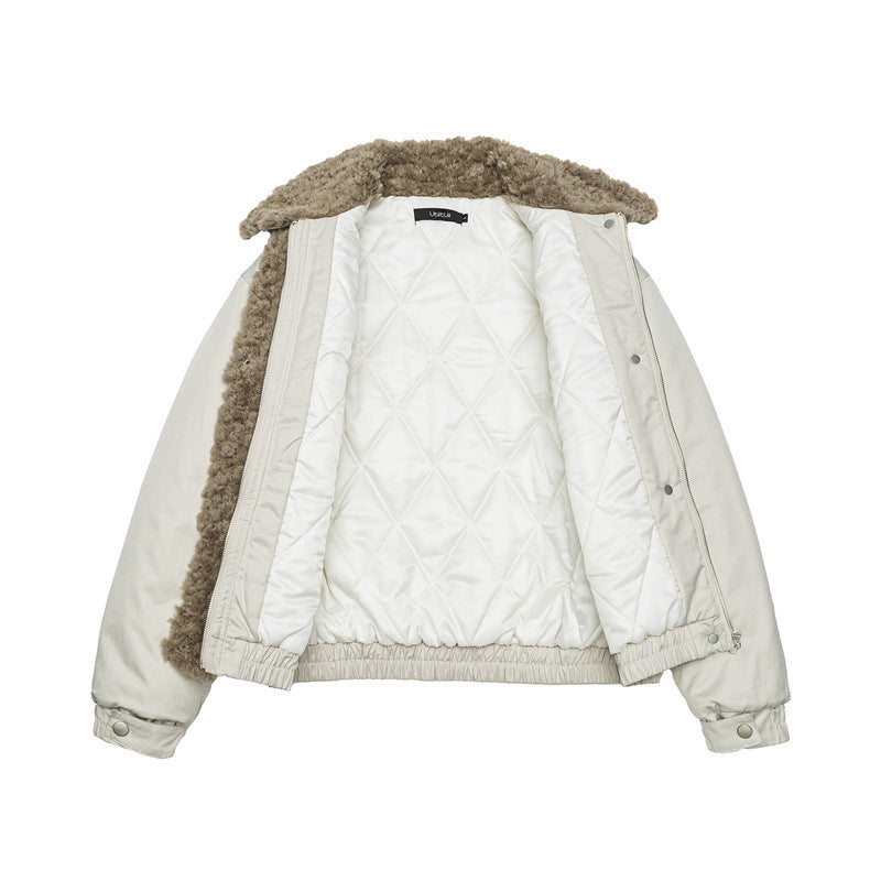 Women's Short Cut Teddy-Lined Blouson Jacket with Faux Fur Collar Chichicherry