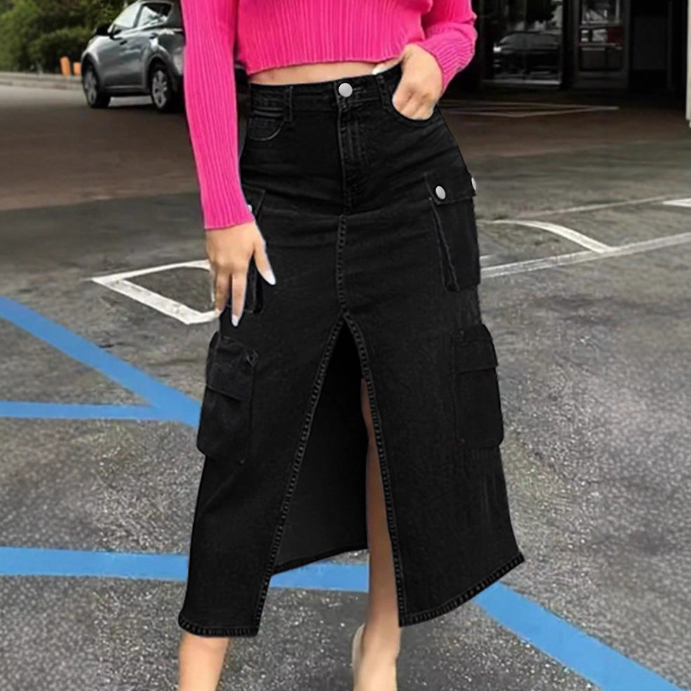 Women high waist cargo denim midi skirt with front slit and flap pockets Chichicherry