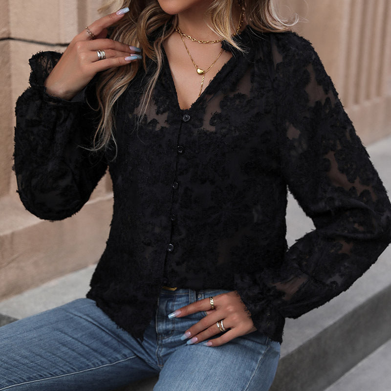Women's Transparent Blouse with Floral Chenille Appliqué, Button Placket and Ruffled Cuffs Chichicherry