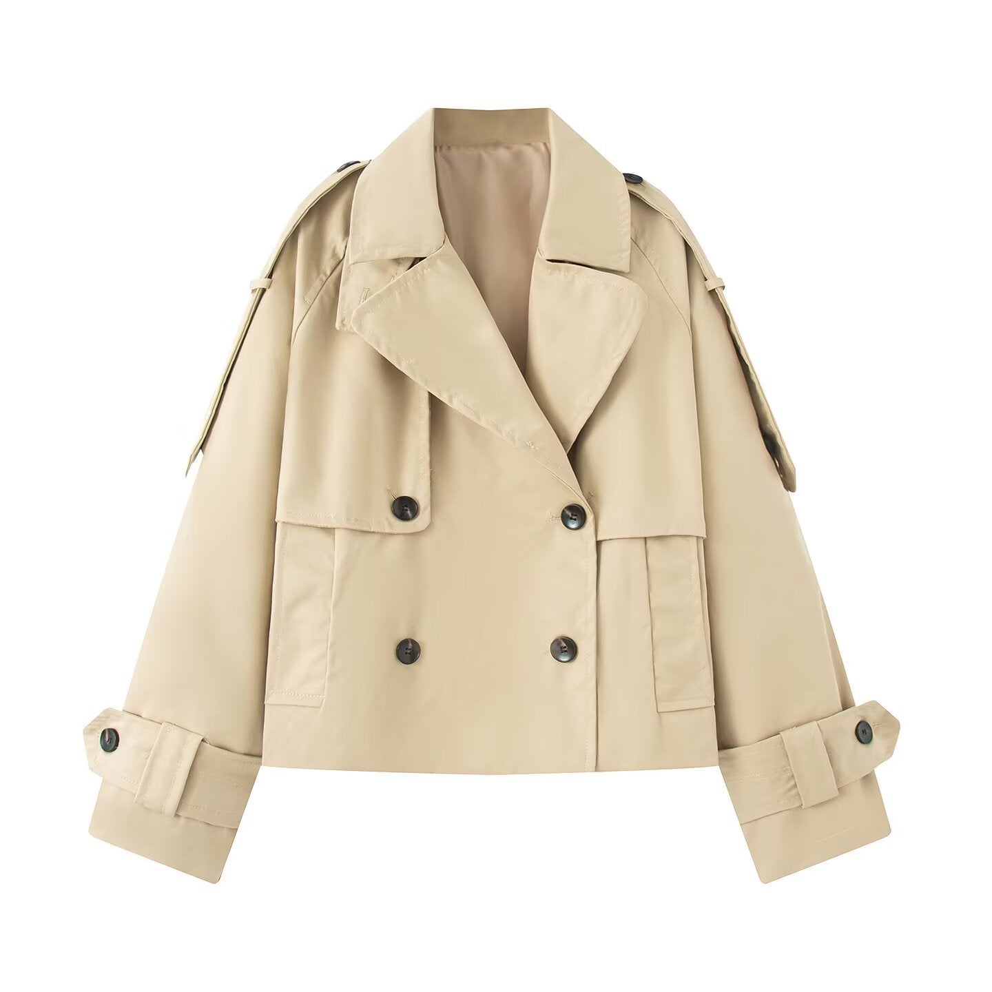 Ladies short cut double-breasted trench coat with wide shawl collar, tailored belt and adjustable sleeve straps Chichicherry