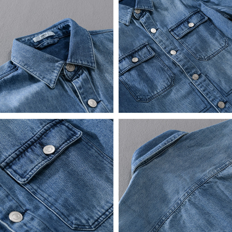 Men's Denim Utility Shirt Jacket with Chest Pockets and Casual Fit Chichicherry