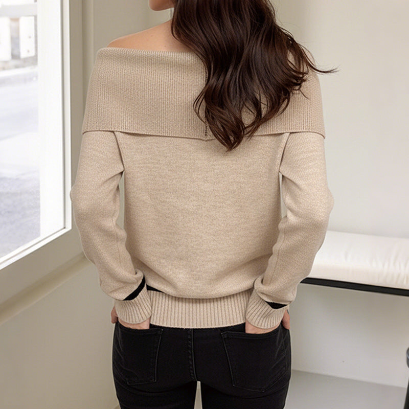Women's Off-The-Shoulder Oversized Knit Sweater with Folded Collar and Diamond Pattern