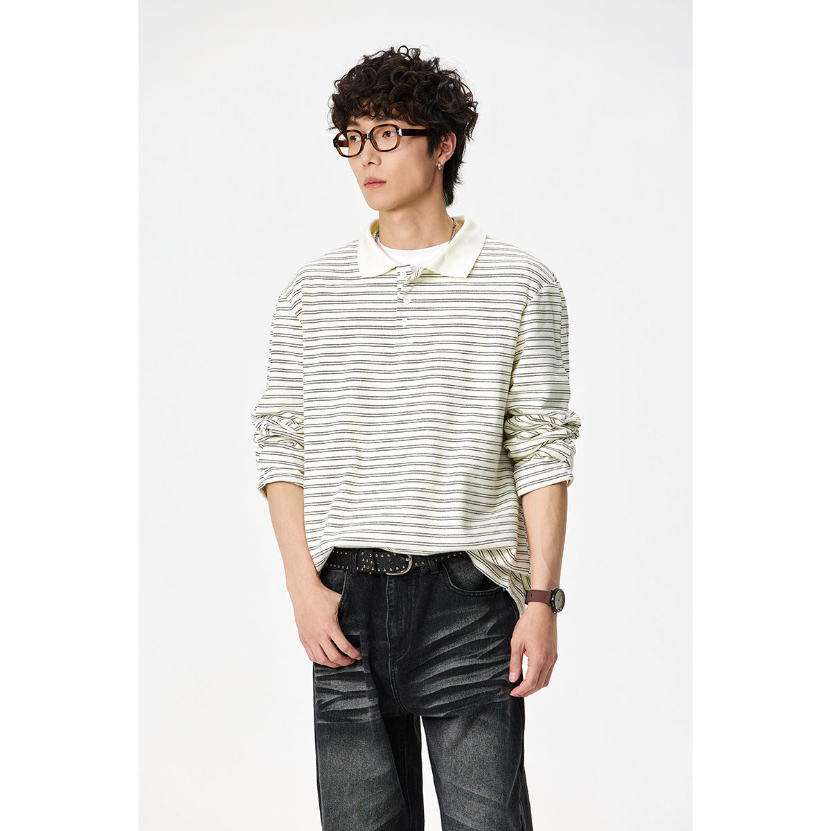 Men's long-sleeve polo shirt made of fine cotton knit with a kent collar and fine stripe texture Chichicherry