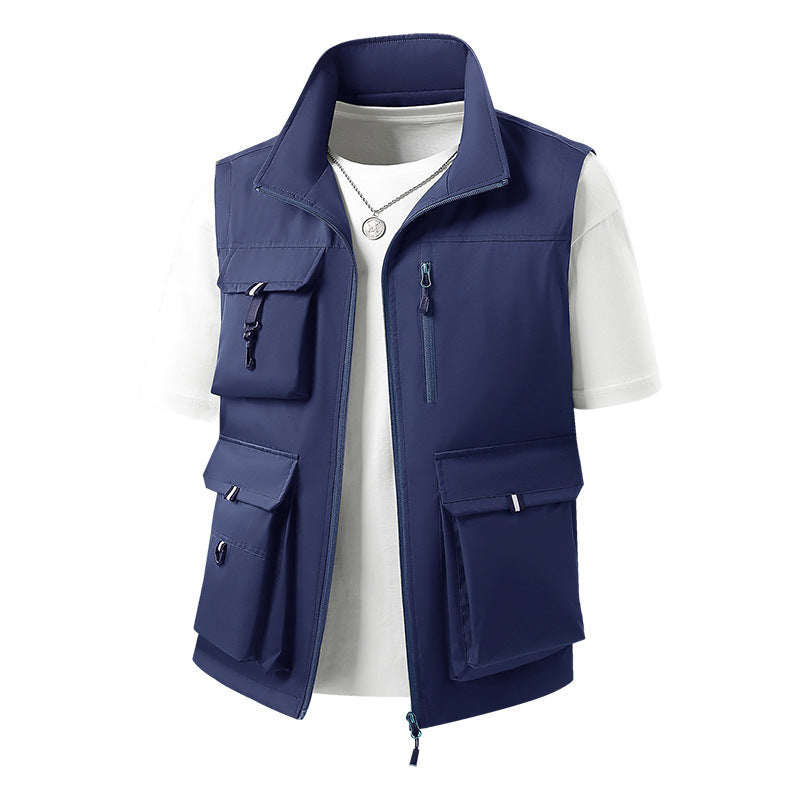 Men's multifunctional outdoor vest with multiple cargo pockets and stand-up collar Chichicherry