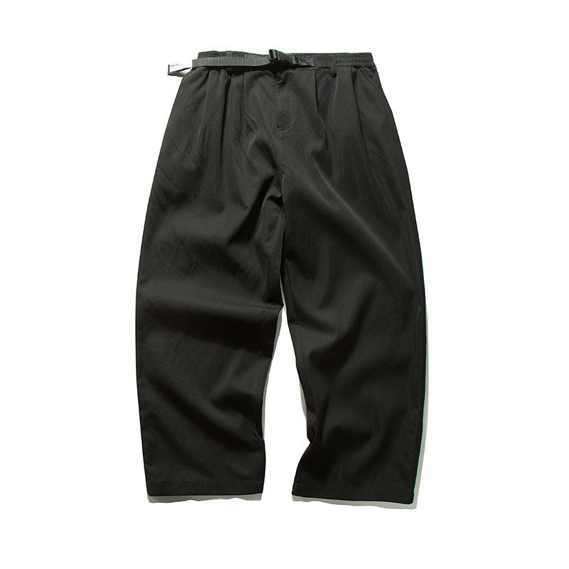 Men's Wide Cut Relaxed Pants with Elastic Waistband, Pleats and Integrated Woven Belt Chichicherry