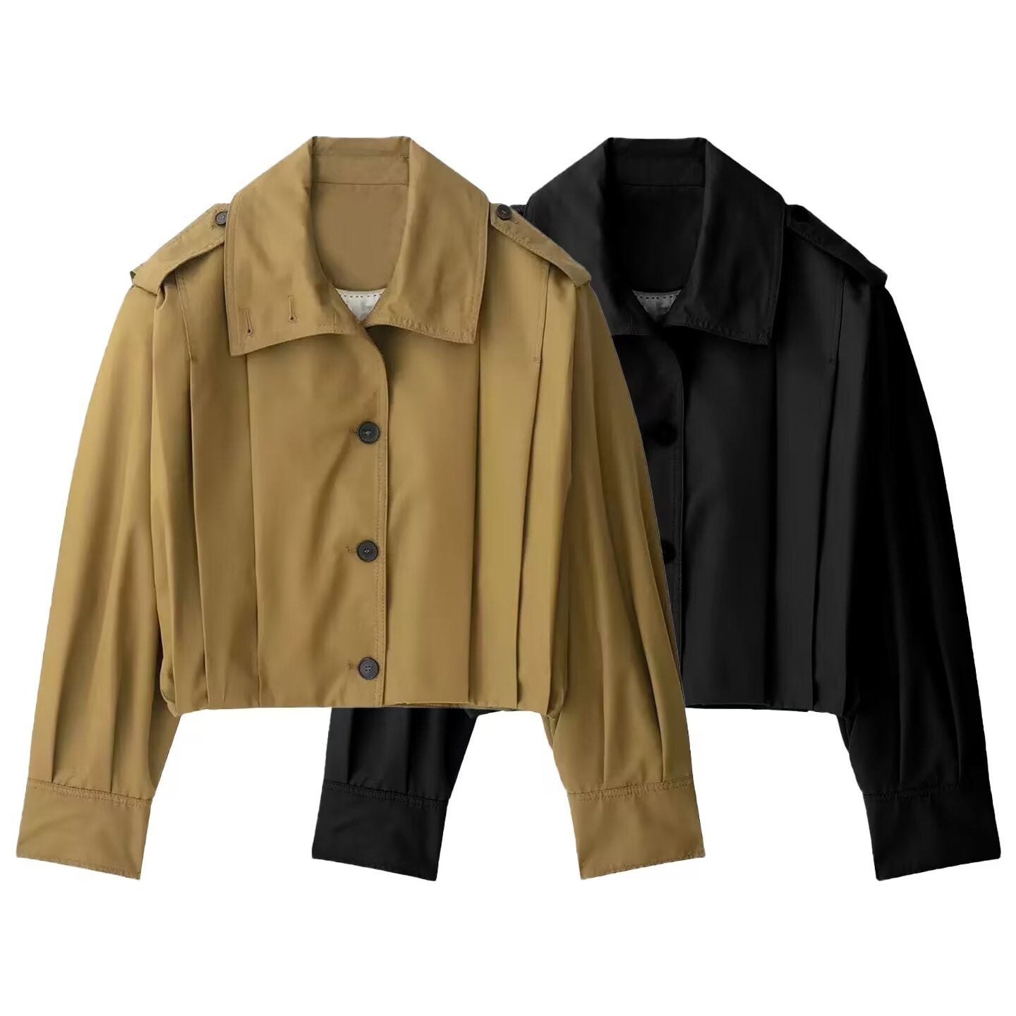 Women Short Boxy Trench Coat with Pleat Overlay and Epaulettes Chichicherry