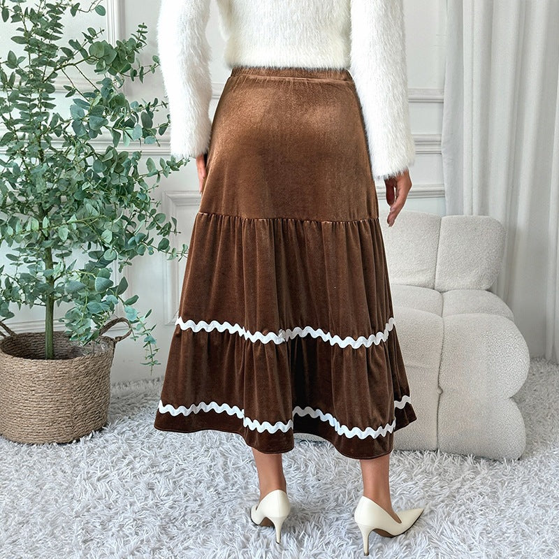 Women's Tailored Velvet Midi Skirt with Tiered Ruffles and Trimming Chichicherry