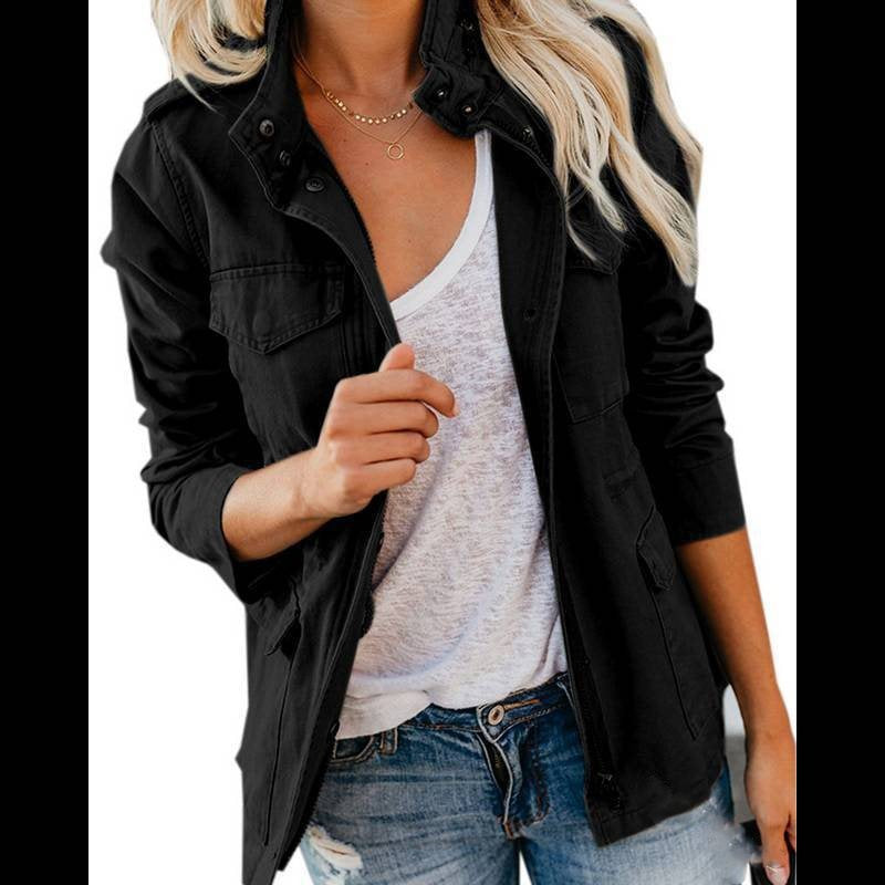 Women’s utility field jacket with stand-up collar, patch pockets and waist drawstring Chichicherry