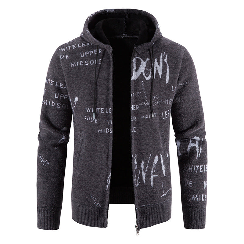 Men's knitted hooded jacket with full-length zipper, graphic all-over print, and side pockets Chichicherry