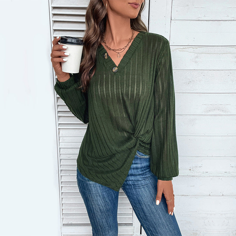 Women Tailored Ribbed Long Sleeve with V-Neck, Button Placket and Twist Knot Chichicherry