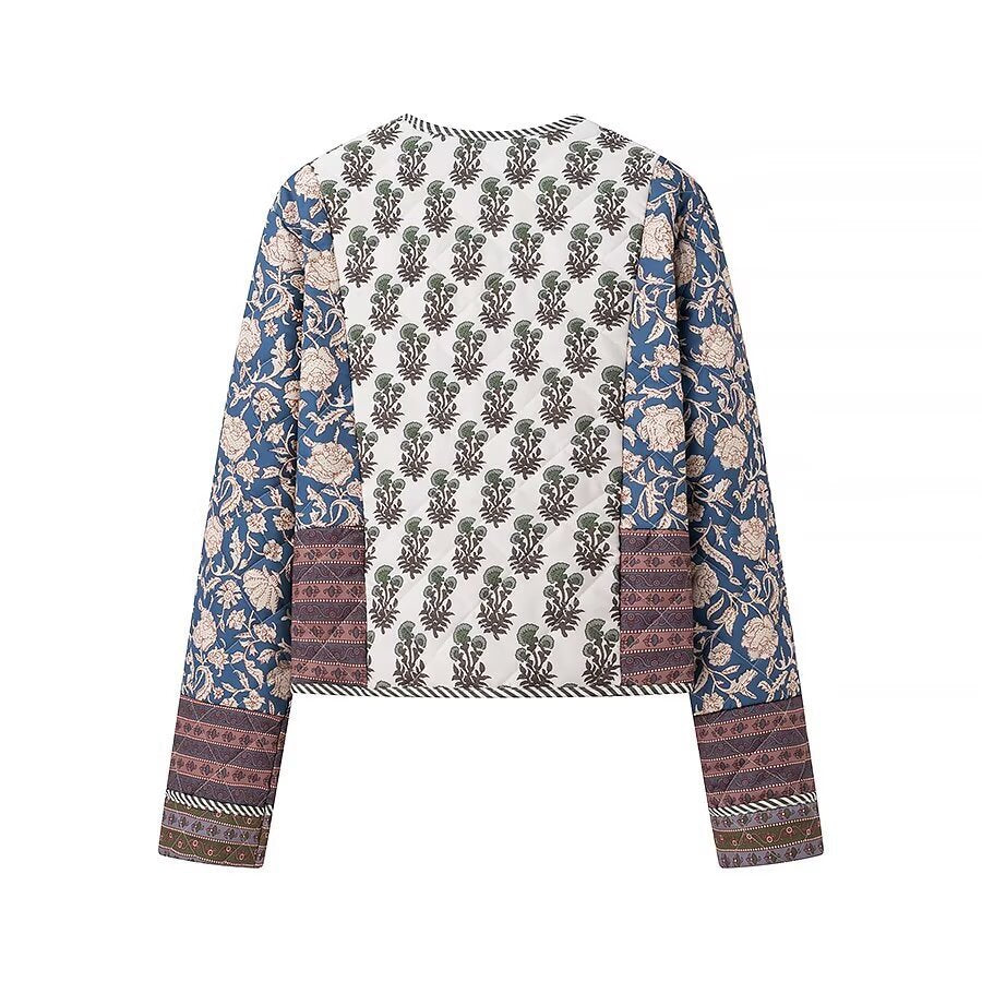 Women Quilted Short Jacket in Boho Patchwork Style with Open Front Chichicherry