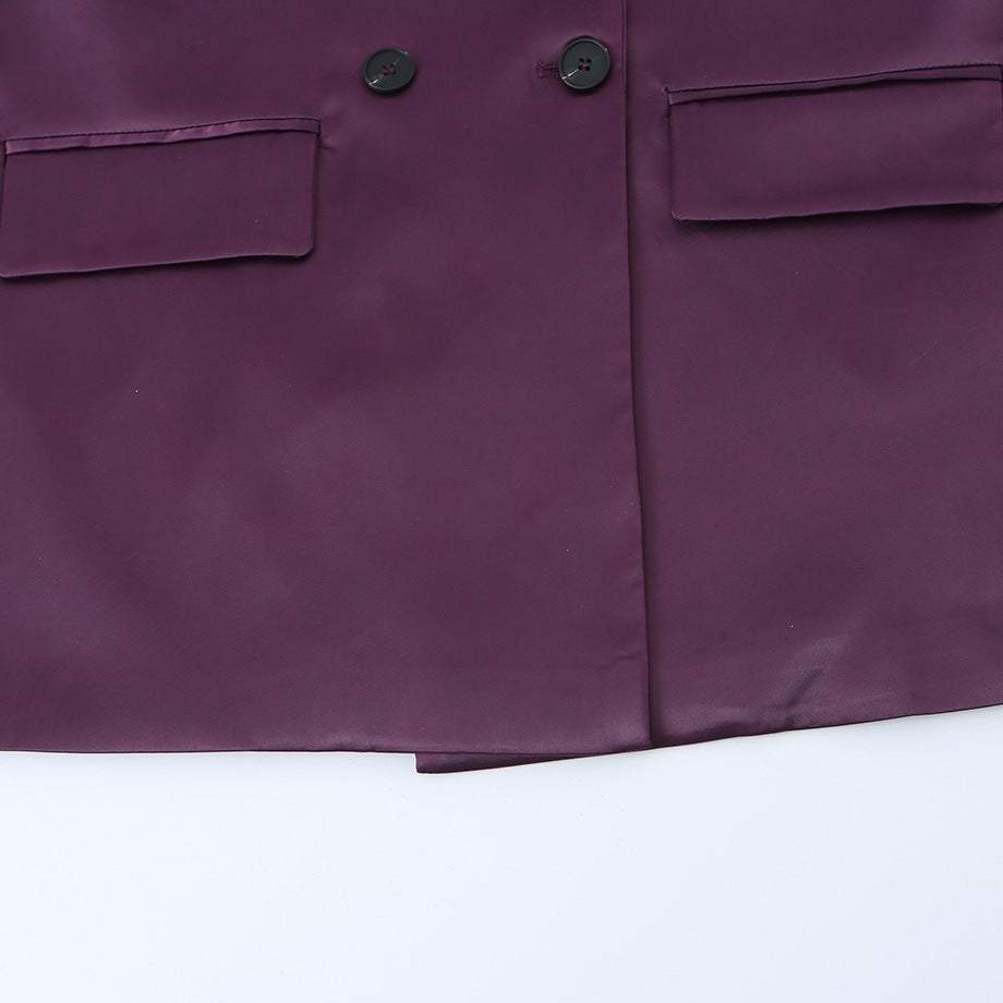 Women's Double-Breasted Satin Blazer with Notched Lapels and Flap Pockets Chichicherry