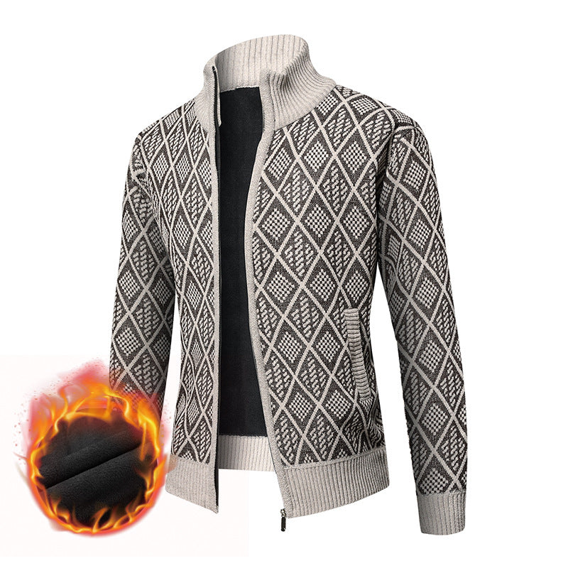 Men's Thermal Knit Zip Jacket with Jacquard Pattern and Fleece Lining Chichicherry