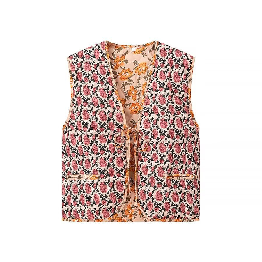 Women Padded Quilted Vest with Floral Allover Look and Tie Band Chichicherry
