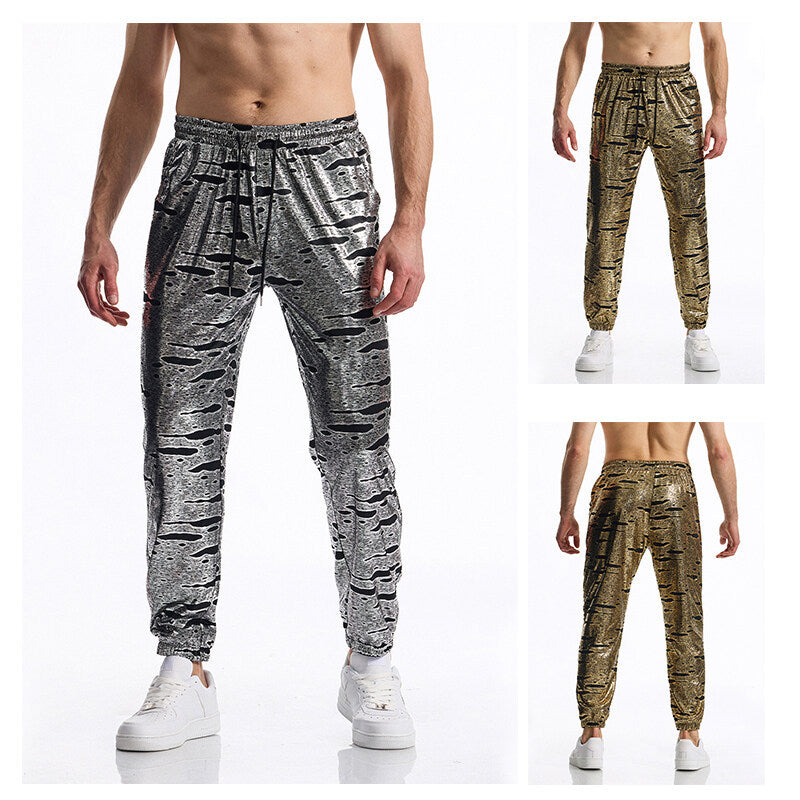 Men's Shiny Jogging Pants with Drawstring, Tapered Leg and Abstract Print Chichicherry