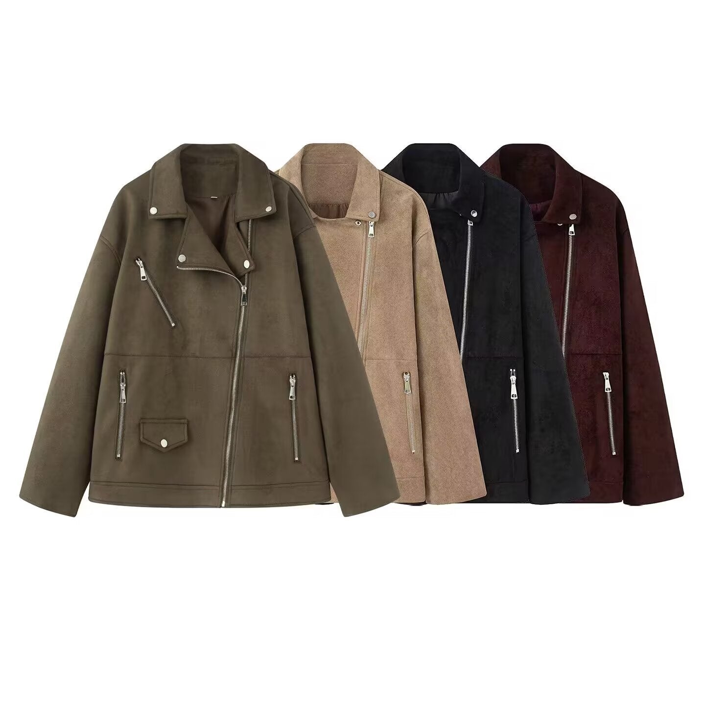 Women Asymmetrical Suede Leather Look Biker Jacket with Stand-Up Collar and Zippers Chichicherry