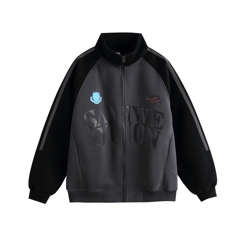 Unisex Oversize College Track Jacket with Stand-up Collar and Raglan Sleeves Chichicherry