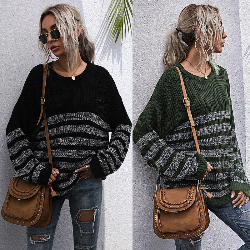Women's Casual Knit Sweater in Block Stripe Mix with Oversized Silhouette Chichicherry