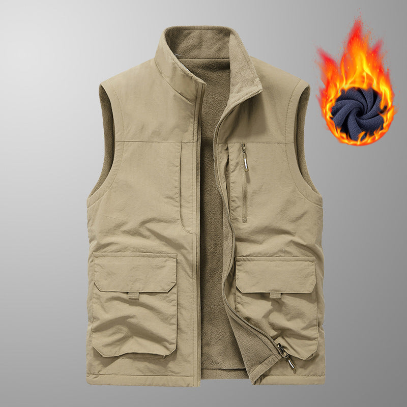 Men's utility vest with teddy fleece lining, multifunction pockets and high stand-up collar Chichicherry