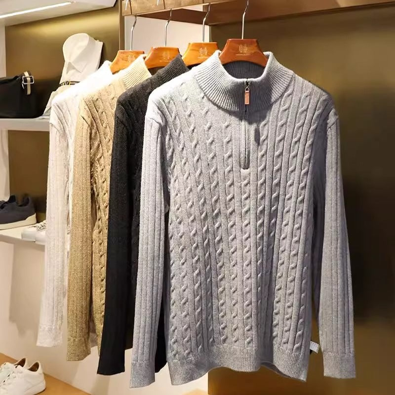 Herren Feinstrick-Pullover mit Zopfmuster und Halbzip-Stehkragen Chichicherry