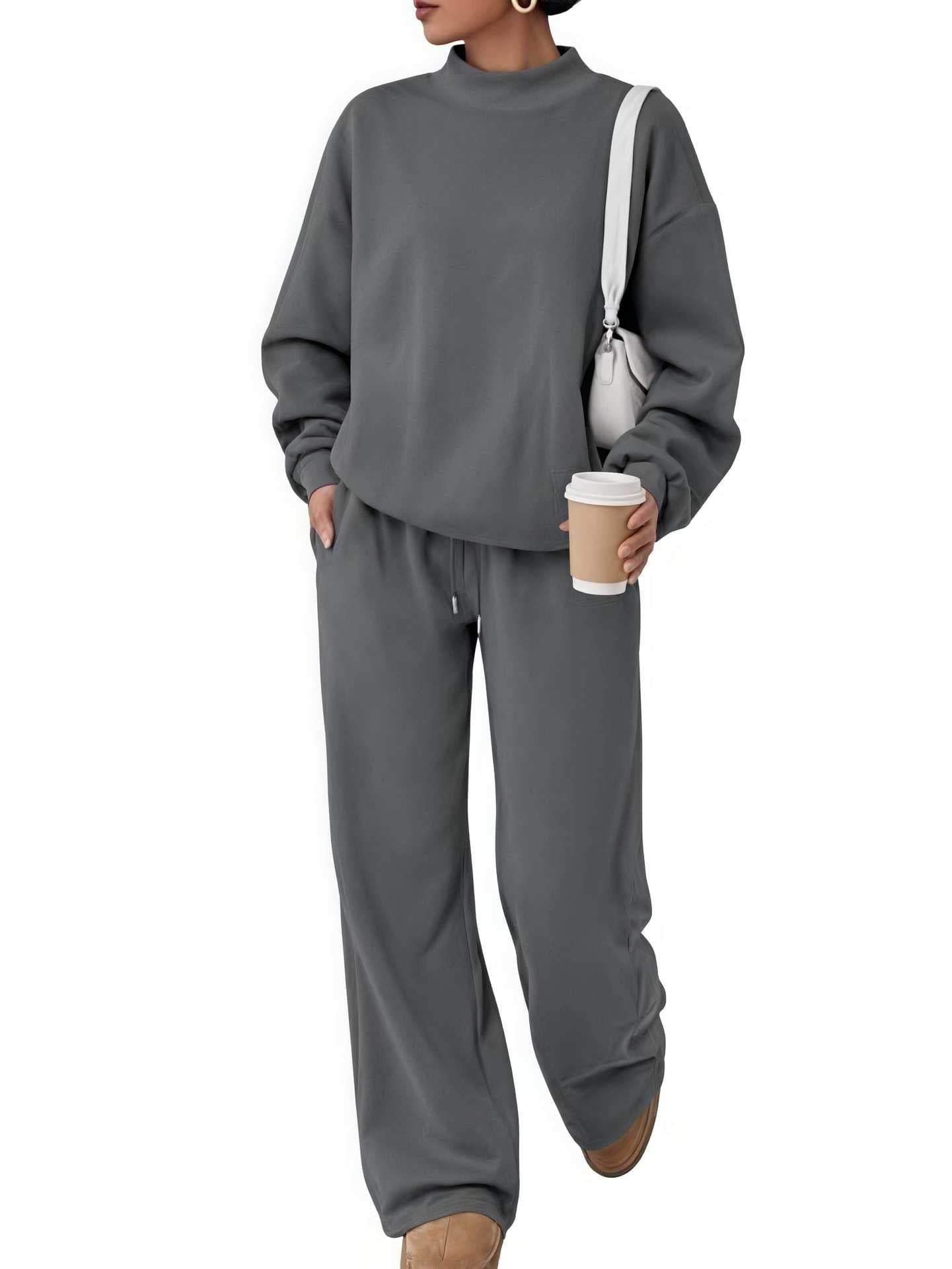 Women's Casual Lounge Set with High Stand-Up Collar and Loose Sweatpants Chichicherry