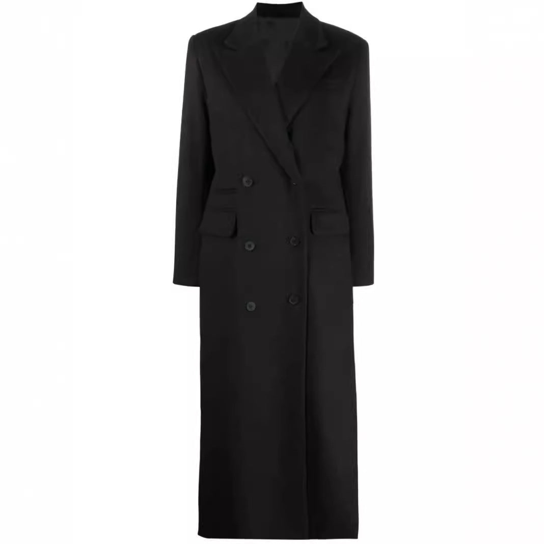 Women's Maxi Long Double-Breasted Wool Blend Coat with Structured Shoulders and Flap Pockets Chichicherry