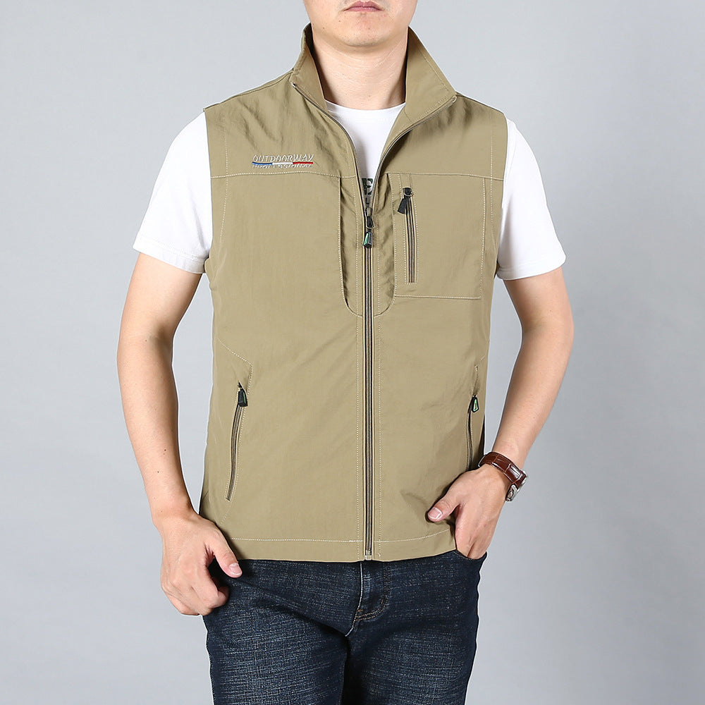 Men's Lightweight Utility Vest with Zipper Pockets and Stand Collar Chichicherry