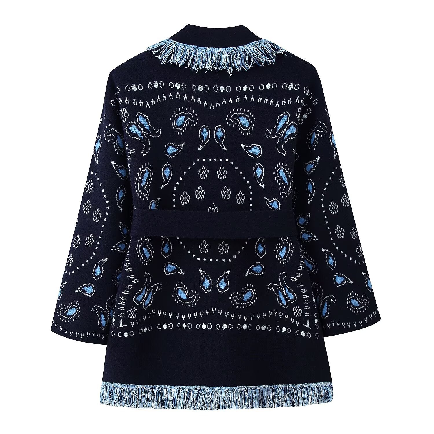 Women Fringe Kimono Cardigan with Paisley Jacquard and Tied Belt Chichicherry