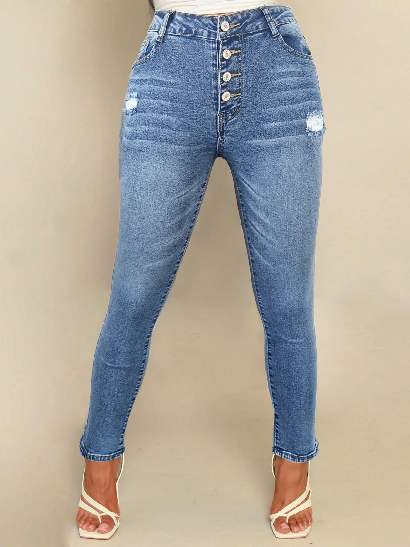 Women High-Waisted Sculpting Skinny Jeans with Visible Button Placket and Subtle Destroyed Detail Chichicherry