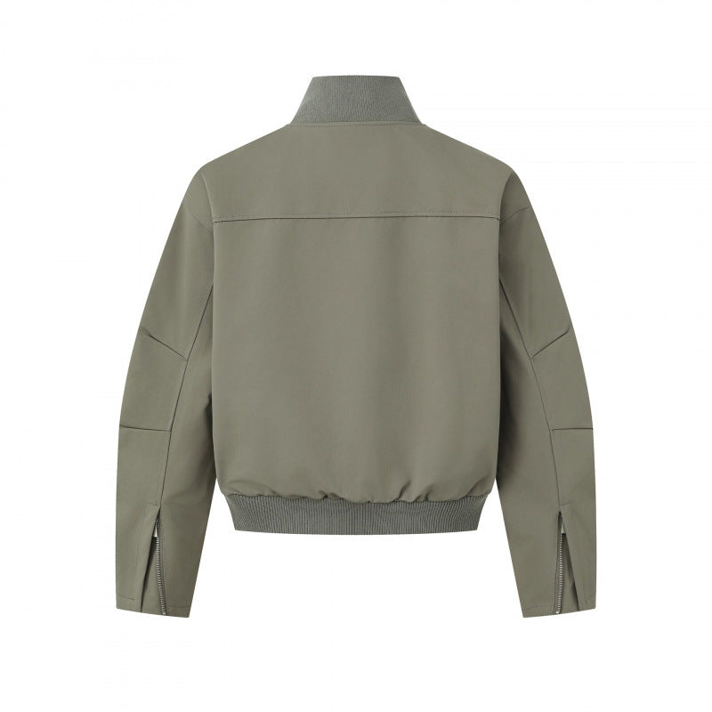 Unisex Short-cut minimalist bomber jacket with ribbed stand-up collar and concealed zipper placket Chichicherry