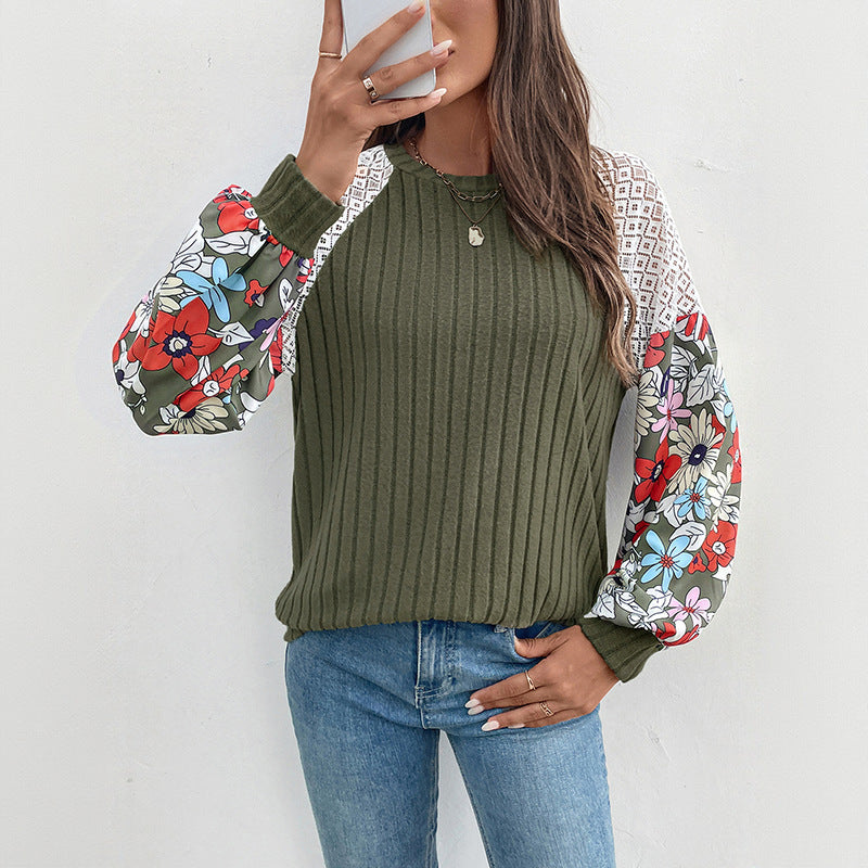 Women's Ribbed Sweater with Crochet Shoulder Inserts and Floral Balloon Sleeves Chichicherry