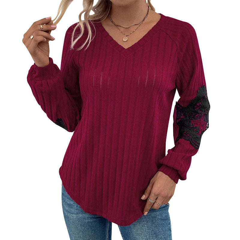 Women's Ribbed Long Sleeve with V-Neck, Lace Inserts at the Elbows and Balloon Sleeves Chichicherry
